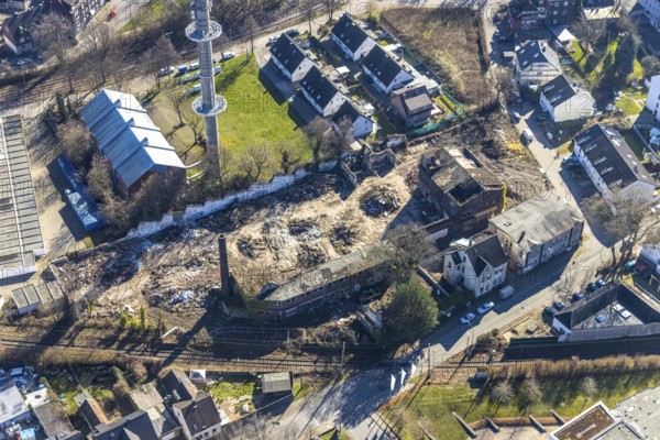 Aerial view, garage yard Mulvanystraße, transmission mast, construction site demolition site, Herne-Mitte, Herne, Ruhr area, North Rhine-Westphalia, Germany, demolition work, demolition building, DE, Europe, commercial enterprises, commercial area, commercial area, commercial site, commercial use, border road, industrial area, industrial site, aerial view, aerial photography, aerial photography, mast, tower, overview, bird's eye view, overview
