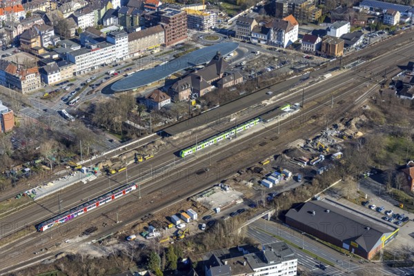 Aerial view, Herne main station, futuristic bus station, Baukau, Herne, Ruhr area, North Rhine-Westphalia, Germany, railway tracks, railway station, construction work, construction area, construction site, construction project, construction site, bus station, bus stop, DE, Deutsche Bahn AG, Europe, railway tracks, main station, central station, aerial view, aerial photography, aerial photography, overview, bird's-eye view, overview