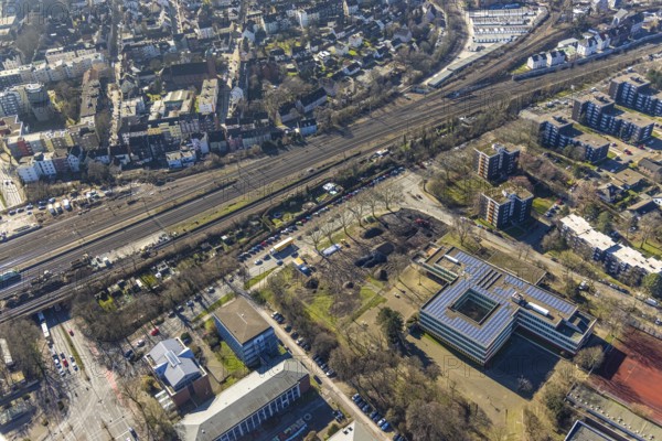 Aerial view, Herne main station, Baukau, Herne, Ruhr area, North Rhine-Westphalia, Germany, railway tracks, railway station, DE, Deutsche Bahn AG, Europe, railway tracks, main station, Hbf, aerial view, aerial photography, aerial photography, overview, bird's-eye view, overview