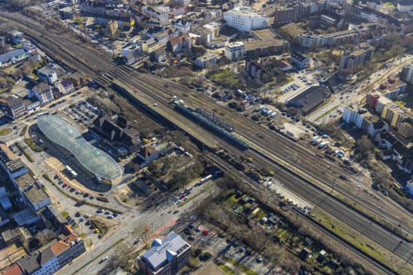 Aerial view, Herne main station, futuristic bus station, Baukau, Herne, Ruhr area, North Rhine-Westphalia, Germany, railway tracks, railway station, construction work, construction area, construction site, construction project, construction site, bus station, bus stop, DE, Deutsche Bahn AG, Europe, railway tracks, main station, central station, aerial view, aerial photography, aerial photography, overview, bird's-eye view, overview