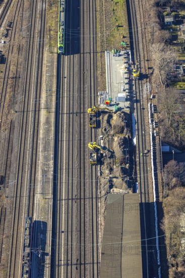 Aerial view, Herne main station with construction site, Baukau, Herne, Ruhr area, North Rhine-Westphalia, Germany, railway tracks, railway station, construction work, construction area, construction site, construction project, construction site, DE, Deutsche Bahn AG, Europe, railway tracks, main station, central station, aerial view, aerial photography, aerial photography, overview, bird's-eye view, bird's-eye view, overview