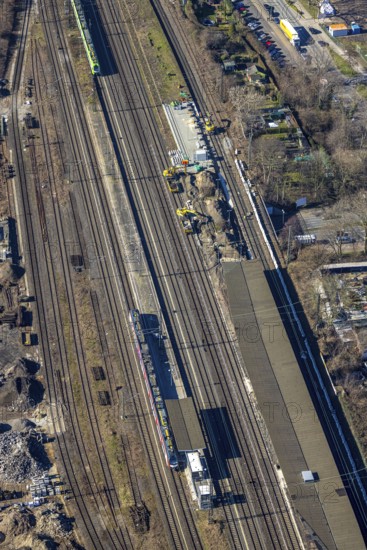 Aerial view, Herne main station with construction site, Baukau, Herne, Ruhr area, North Rhine-Westphalia, Germany, railway tracks, railway station, construction work, construction area, construction site, construction project, construction site, DE, Deutsche Bahn AG, Europe, railway tracks, main station, central station, aerial view, aerial photography, aerial photography, overview, bird's-eye view, bird's-eye view, overview