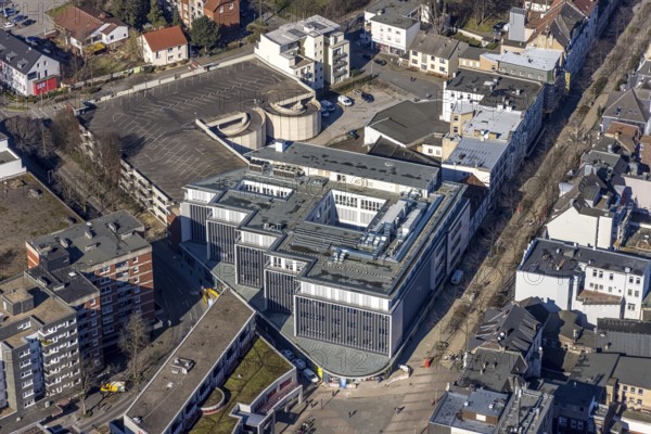 Aerial view, Robert-Brauner-Platz, StadtGalerie, construction site Neue Höfe Bahnhofstraße, Herne, Ruhr area, North Rhine-Westphalia, Germany, construction work, construction, construction area, building site, building plots, construction project, construction site, office space, office building, DE, shopping, shopping centres, shopping plaza, shopping street, shopping centre, Europe, aerial view, aerial photography, aerial photography, metropolitan region Rhine-Ruhr, local supply centre, new construction, revitalisation city centre, supermarket, overview, bird's-eye view, birds-eyes view, former department stores', overview