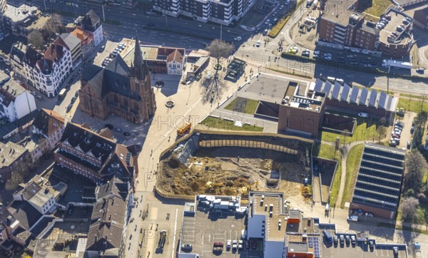 Aerial view, new construction Europagarten, Europaplatz, Kreuzkirche, LWL-Museum für Archäologie, Herne-Mitte, Herne, Ruhr area, North Rhine-Westphalia, Germany, place of worship, construction work, building, construction area, building site, building plots, construction project, construction site, DE, Europe, faith community, place of worship, holy place, church, church community, denomination, aerial view, aerial photography, aerial photography, Rhine-Ruhr metropolitan region, museum, religion, religious site, overview, bird's-eye view, overview