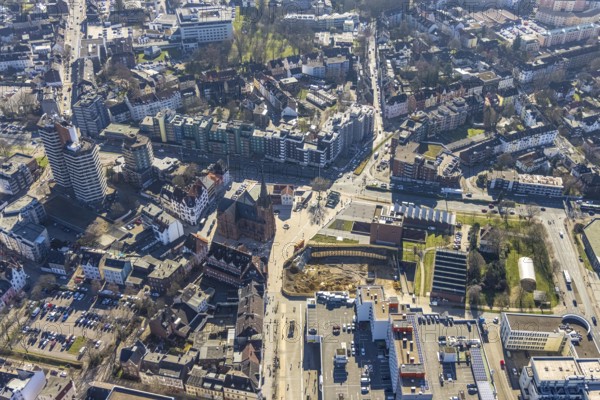 Aerial view, new construction Europagarten, Europaplatz, Kreuzkirche, LWL-Museum für Archäologie, Herne-Mitte, Herne, Ruhr area, North Rhine-Westphalia, Germany, place of worship, construction work, building, construction area, building site, building plots, construction project, construction site, DE, Europe, faith community, place of worship, holy place, church, church community, denomination, aerial view, aerial photography, aerial photography, Rhine-Ruhr metropolitan region, museum, religion, religious site, overview, bird's-eye view, overview