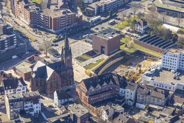 Aerial view, new construction Europagarten, Europaplatz, Kreuzkirche, LWL-Museum für Archäologie, Herne-Mitte, Herne, Ruhr area, North Rhine-Westphalia, Germany, place of worship, construction work, building, construction area, building site, building plots, construction project, construction site, DE, Europe, faith community, place of worship, holy place, church, church community, denomination, aerial view, aerial photography, aerial photography, Rhine-Ruhr metropolitan region, museum, religion, religious site, overview, bird's-eye view, overview