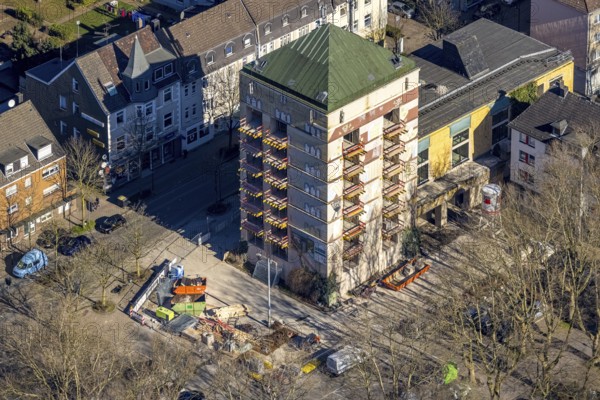 Aerial view, construction site World War II bunker with new flats, Kurt-Edelhagen-Platz, Sodingen, Herne, Ruhr area, North Rhine-Westphalia, Germany, construction work, construction area, construction site, building plots, construction project, construction site, bunker, DE, Europe, property tax, high-rise bunker, high-rise building, real estate, aerial view, aerial photography, aerial photography, tower, overview, bird's-eye view, residential complex, living and living, residential buildings, quality of living, residential neighbourhood, birds-eyes view, overview