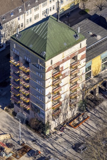 Aerial view, construction site World War II bunker with new flats, Kurt-Edelhagen-Platz, Sodingen, Herne, Ruhr area, North Rhine-Westphalia, Germany, construction work, construction area, construction site, building plots, construction project, construction site, bunker, DE, Europe, property tax, high-rise bunker, high-rise building, real estate, aerial view, aerial photography, aerial photography, tower, overview, bird's-eye view, residential complex, living and living, residential buildings, quality of living, residential neighbourhood, birds-eyes view, overview