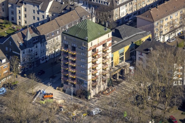 Aerial view, construction site World War II bunker with new flats, Kurt-Edelhagen-Platz, Sodingen, Herne, Ruhr area, North Rhine-Westphalia, Germany, construction work, construction area, construction site, building plots, construction project, construction site, bunker, DE, Europe, property tax, high-rise bunker, high-rise building, real estate, aerial view, aerial photography, aerial photography, tower, overview, bird's-eye view, residential complex, living and living, residential buildings, quality of living, residential neighbourhood, birds-eyes view, overview