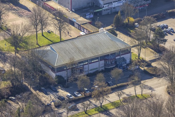 Aerial photo, current vaccination centre in the sports hall in Revierpark Gysenberg, Börnig, Herne, Ruhr area, North Rhine-Westphalia, Germany, Corona, Covid-19, DE, Europe, vaccination centre, aerial photo, aerial photography, aerial photography, sports hall, overview, bird's eye view, bird's eye view, overview