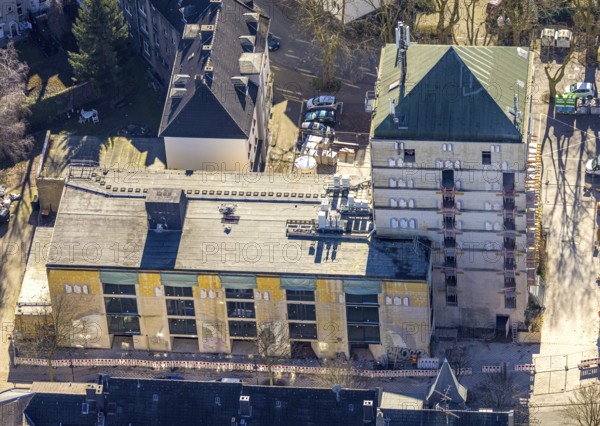 Aerial view, construction site World War II bunker with new flats, Kurt-Edelhagen-Platz, Sodingen, Herne, Ruhr area, North Rhine-Westphalia, Germany, construction work, construction area, construction site, building plots, construction project, construction site, bunker, DE, Europe, property tax, high-rise bunker, high-rise building, real estate, aerial view, aerial photography, aerial photography, tower, overview, bird's-eye view, residential complex, living and living, residential buildings, quality of living, residential neighbourhood, birds-eyes view, overview