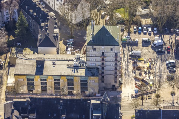 Aerial view, construction site World War II bunker with new flats, Kurt-Edelhagen-Platz, Sodingen, Herne, Ruhr area, North Rhine-Westphalia, Germany, construction work, construction area, construction site, building plots, construction project, construction site, bunker, DE, Europe, property tax, high-rise bunker, high-rise building, real estate, aerial view, aerial photography, aerial photography, tower, overview, bird's-eye view, residential complex, living and living, residential buildings, quality of living, residential neighbourhood, birds-eyes view, overview