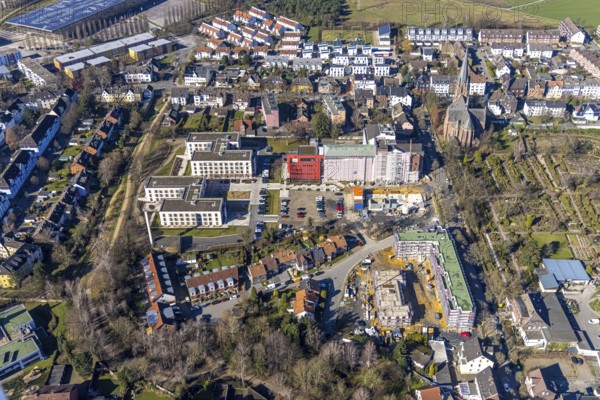 Aerial view, construction site campus of the St. Elisabeth Group, Widumer Höfe retirement homes, Ruhr education centre, Sodingen, Herne, Ruhr area, North Rhine-Westphalia, Germany, retirement home, construction work, construction, construction area, building site, building plots, construction project, construction site, care and nursing, DE, Europe, aerial view, aerial photography, aerial photography, new construction, care facility, retirement home, retirement residence, retirement home, senior centre, overview, bird's eye view, bird's eye view, overview