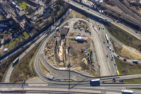 Aerial view, Herne motorway junction with new Baukau tunnel from the A43 to the A42, Baukau-West, Herne, Ruhr area, North Rhine-Westphalia, Germany, A42 motorway, A43 motorway, motorway junction, DE, Europe, distant view, aerial view, aerial photography, aerial photography, Rhine-Ruhr metropolitan region, road traffic, overview, traffic volume, bird's eye view, bird's eye view, overview