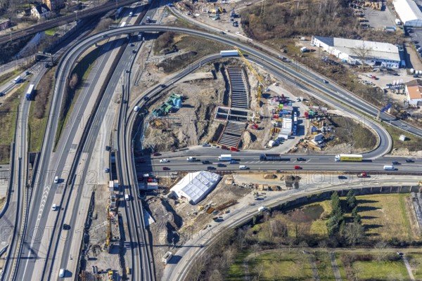 Aerial view, Herne motorway junction with new Baukau tunnel from the A43 to the A42, Baukau-West, Herne, Ruhr area, North Rhine-Westphalia, Germany, A42 motorway, A43 motorway, motorway junction, DE, Europe, distant view, aerial view, aerial photography, aerial photography, Rhine-Ruhr metropolitan region, road traffic, overview, traffic volume, bird's eye view, bird's eye view, overview