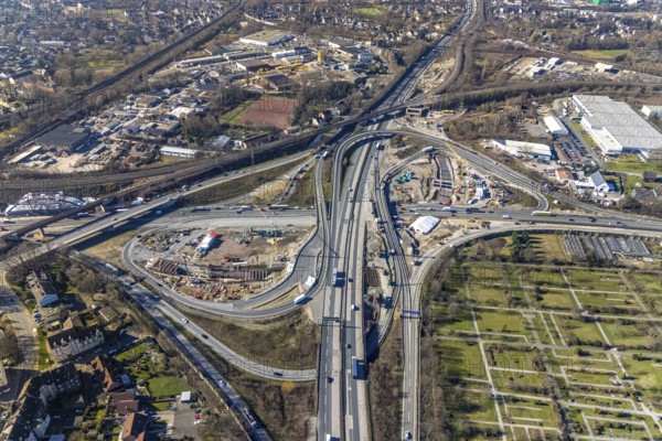 Aerial view, Herne motorway junction with new Baukau tunnel from the A43 to the A42, Baukau-West, Herne, Ruhr area, North Rhine-Westphalia, Germany, A42 motorway, A43 motorway, motorway junction, DE, Europe, distant view, aerial view, aerial photography, aerial photography, Rhine-Ruhr metropolitan region, road traffic, overview, traffic volume, bird's eye view, bird's eye view, overview