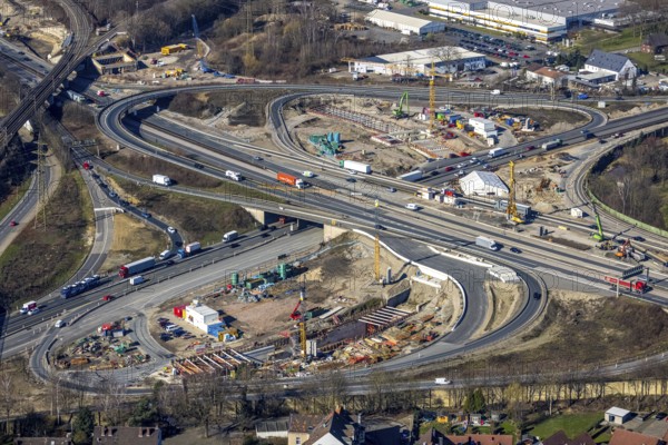 Aerial view, Herne motorway junction with new Baukau tunnel from the A43 to the A42, Baukau-West, Herne, Ruhr area, North Rhine-Westphalia, Germany, A42 motorway, A43 motorway, motorway junction, DE, Europe, distant view, aerial view, aerial photography, aerial photography, Rhine-Ruhr metropolitan region, road traffic, overview, traffic volume, bird's eye view, bird's eye view, overview