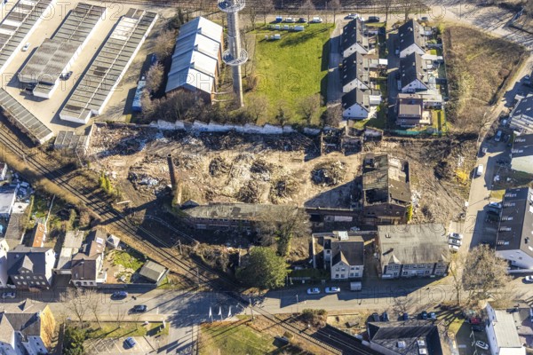 Aerial view, garage yard Mulvanystraße, transmission mast, construction site demolition site, Herne-Mitte, Herne, Ruhr area, North Rhine-Westphalia, Germany, demolition work, demolition building, DE, Europe, commercial enterprises, commercial area, commercial area, commercial site, commercial use, border road, industrial area, industrial site, aerial view, aerial photography, aerial photography, mast, tower, overview, bird's eye view, overview