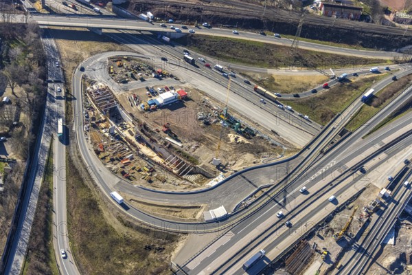 Aerial view, Herne motorway junction with new Baukau tunnel from the A43 to the A42, Baukau-West, Herne, Ruhr area, North Rhine-Westphalia, Germany, A42 motorway, A43 motorway, motorway junction, DE, Europe, distant view, aerial view, aerial photography, aerial photography, Rhine-Ruhr metropolitan region, road traffic, overview, traffic volume, bird's eye view, bird's eye view, overview