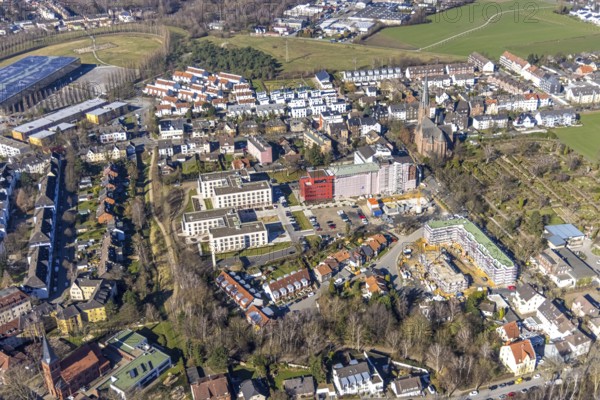 Aerial view, construction site campus of the St. Elisabeth Group, Widumer Höfe retirement homes, Ruhr education centre, Sodingen, Herne, Ruhr area, North Rhine-Westphalia, Germany, retirement home, construction work, construction, construction area, building site, building plots, construction project, construction site, care and nursing, DE, Europe, aerial view, aerial photography, aerial photography, new construction, care facility, retirement home, retirement residence, retirement home, senior centre, overview, bird's eye view, bird's eye view, overview