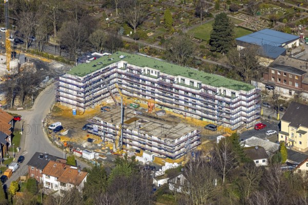 Aerial view, construction site campus of the St. Elisabeth Group, Widumer Höfe retirement homes, Ruhr education centre, Sodingen, Herne, Ruhr area, North Rhine-Westphalia, Germany, retirement home, construction work, construction, construction area, building site, building plots, construction project, construction site, care and nursing, DE, Europe, aerial view, aerial photography, aerial photography, new construction, care facility, retirement home, retirement residence, retirement home, senior centre, overview, bird's eye view, bird's eye view, overview