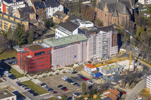 Aerial view, construction site campus of the St. Elisabeth Group, Widumer Höfe retirement homes, Ruhr education centre, Sodingen, Herne, Ruhr area, North Rhine-Westphalia, Germany, retirement home, construction work, construction, construction area, building site, building plots, construction project, construction site, care and nursing, DE, Europe, aerial view, aerial photography, aerial photography, new construction, care facility, retirement home, retirement residence, retirement home, senior centre, overview, bird's eye view, bird's eye view, overview