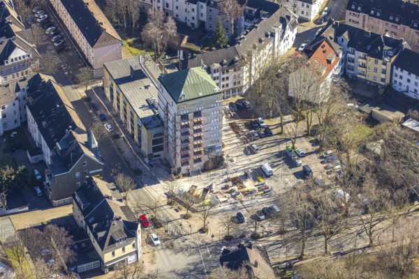 Aerial view, construction site World War II bunker with new flats, Kurt-Edelhagen-Platz, Sodingen, Herne, Ruhr area, North Rhine-Westphalia, Germany, construction work, construction area, construction site, building plots, construction project, construction site, bunker, DE, Europe, property tax, high-rise bunker, high-rise building, real estate, aerial view, aerial photography, aerial photography, tower, overview, bird's-eye view, residential complex, living and living, residential buildings, quality of living, residential neighbourhood, birds-eyes view, overview