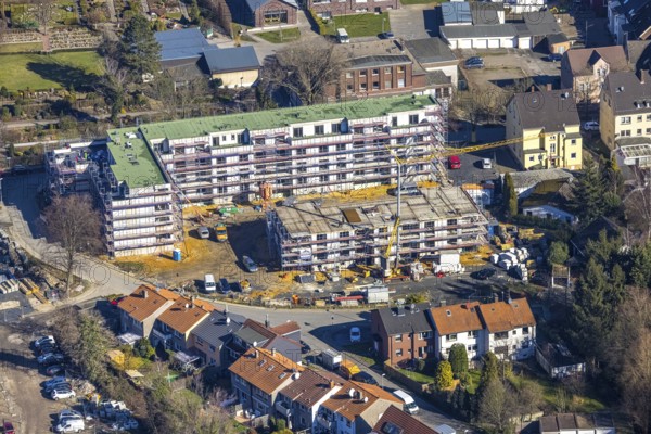Aerial view, construction site campus of the St. Elisabeth Group, Widumer Höfe retirement homes, Ruhr education centre, Sodingen, Herne, Ruhr area, North Rhine-Westphalia, Germany, retirement home, construction work, construction, construction area, building site, building plots, construction project, construction site, care and nursing, DE, Europe, aerial view, aerial photography, aerial photography, new construction, care facility, retirement home, retirement residence, retirement home, senior centre, overview, bird's eye view, bird's eye view, overview