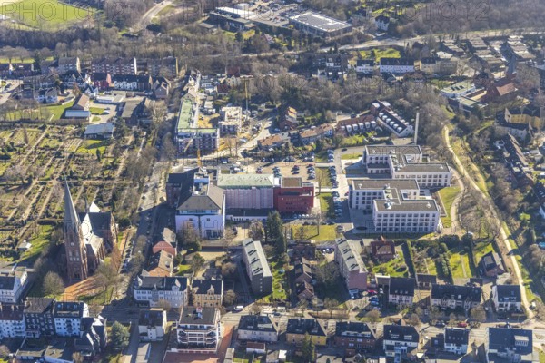 Aerial view, construction site campus of the St. Elisabeth Group, Widumer Höfe retirement homes, Ruhr education centre, Sodingen, Herne, Ruhr area, North Rhine-Westphalia, Germany, retirement home, construction work, construction, construction area, building site, building plots, construction project, construction site, care and nursing, DE, Europe, aerial view, aerial photography, aerial photography, new construction, care facility, retirement home, retirement residence, retirement home, senior centre, overview, bird's eye view, bird's eye view, overview
