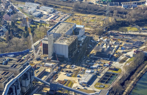 Aerial photo, STEAG combined heat and power plant Herne on the Rhine-Herne Canal, construction site new gas and steam power plant, Baukau-West, Herne, Ruhr area, North Rhine-Westphalia, Germany, construction work, construction, construction area, construction site, construction project, construction site, DE, steam cloud, power plant, Europe, district heating, combined cycle power plant, Hertener Straße, power plant, aerial view, aerial photography, aerial photography, Rhine-Ruhr metropolitan region, new construction, smoke cloud, coal-fired power plant, overview, bird's-eye view, overview