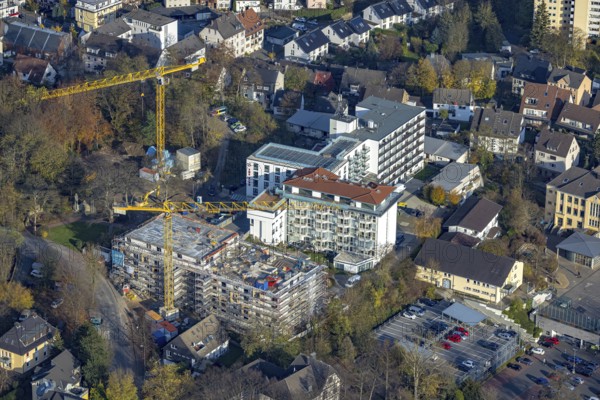 Aerial view, construction site old people's home GVS Herdecke in Herdecke, Ruhr area, North Rhine-Westphalia, Germany, old people's home, old people's residence, old people's home, construction work, construction area, building site, building plots, construction crane, construction measure, construction project, construction site, care and nursing, DE, Europe, non-profit association for social facilities, Herdecke, aerial view, aerial photography, aerial photography, new building, care facility, retirement home, retirement residence, retirement home, retirement centre, overview, bird's eye view, bird's eye view, overview