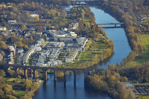 Aerial view, Ruhr viaduct and Ruhr-Aue district with Ruhr promenade on the Ruhr river in Herdecke, Ruhr area, North Rhine-Westphalia, Germany, DE, railway viaduct, Europe, property tax, Herdecke, real estate, aerial photography, aerial photography, promenade, overview, bird's eye view, residential complex, living and life, residential area, residential buildings, residential quality, residential district, housing estate, bird's eye view, overview