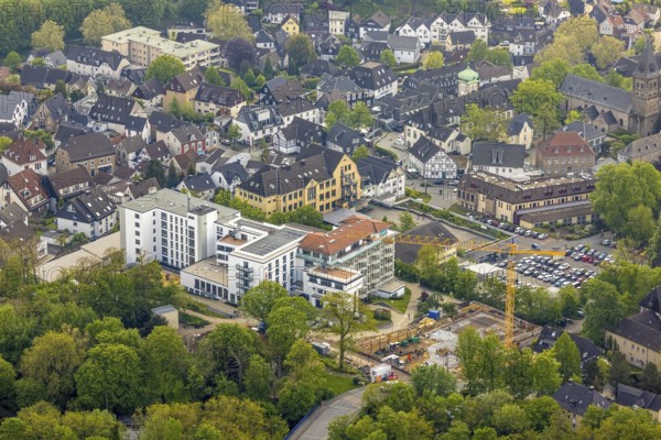Aerial view, construction site and new construction at the retirement home GVS Herdecke, The View, Herdecke, Ruhr area, North Rhine-Westphalia, Germany, retirement home, retirement home, construction work, construction area, building site, building plots, construction crane, construction project, construction site, care and nursing, DE, Europe, non-profit association for social facilities, aerial view, aerial photography, aerial photography, new building, care facility, retirement home, retirement residence, retirement home, retirement centre, overview, bird's eye view, birds-eyes view, overview