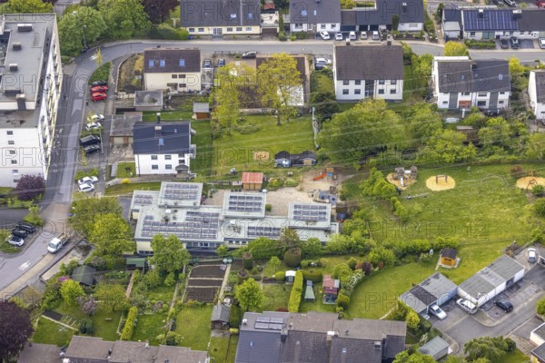 Aerial view, GVS day nursery Nacken, Herdecke, Ruhr area, North Rhine-Westphalia, Germany, DE, Europe, kindergarten, day nursery, day care centre, day nursery school, aerial view, aerial photography, aerial photography, photovoltaic, photovoltaic system, ring road, solar, solar system, solar energy, solar energy, overview, bird's eye view, birds-eyes view, overview