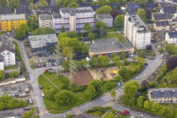 Aerial view, Nacken playground and supermarket Herdecke, Herdecke, Ruhr area, North Rhine-Westphalia, Germany, DE, shopping markets, shopping centre, Europe, high-rise, aerial view, aerial photography, aerial photography, local supply centre, playground, supermarket, overview, bird's-eye view, overview