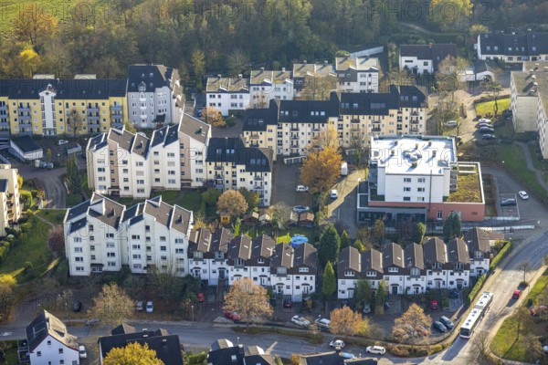 Aerial view, residential area Westender Weg and Rostesiepen in the district Westende in Herdecke, Ruhr area, North Rhine-Westphalia, Germany, DE, Europe, property tax, Herdecke, real estate, aerial view, aerial photography, aerial photography, overview, bird's-eye view, residential area, residential buildings, residential quality, residential neighbourhood, housing estate, birds-eyes view, overview