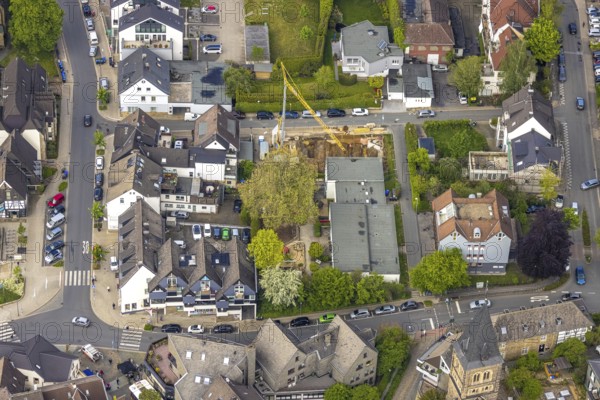Aerial view, construction site extension for the Spinngasse Protestant kindergarten, Herdecke, Ruhr area, North Rhine-Westphalia, Germany, construction work, construction area, construction site, building plots, construction crane, construction project, construction site, DE, Europe, aerial view, aerial photography, aerial photography, new building, overview, bird's-eye view, overview