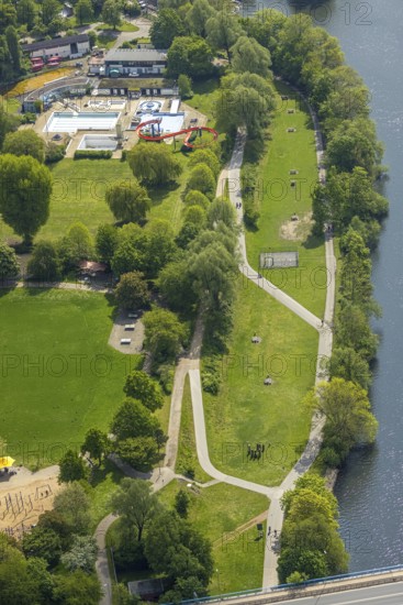 Aerial view, outdoor swimming pool Herdecke and Park an der Ruhr, Herdecke, Ruhr area, North Rhine-Westphalia, Germany, bathing establishment, bathing resort, DE, Europe, outdoor swimming pool, leisure activities, aerial view, aerial photography, aerial photography, swimming pool, swimming pool, overview, bird's eye view, water slide, birds-eyes view, overview