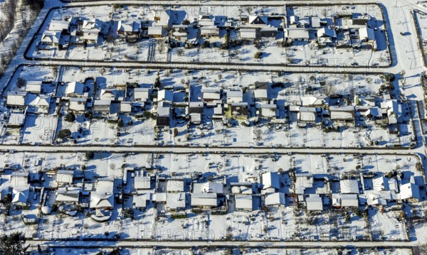 Aerial view, allotment garden association Herne Süd, Riemke, Bochum, Ruhr area, North Rhine-Westphalia, Germany, DE, Europe, shapes and colours, community garden, Herne, KGV, allotment garden, allotment garden site, allotment garden association, aerial view, aerial photography, aerial photography, snow, allotment garden, overview, bird's-eye view, winter, birds-eyes view, overview