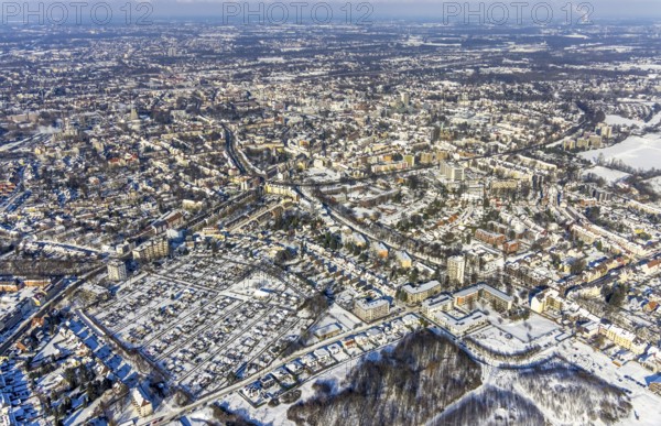Aerial view, allotment garden association Herne Süd, local view Herne, Riemke, Bochum, Ruhr area, North Rhine-Westphalia, Germany, DE, Europe, shapes and colours, community garden, allotment garden, allotment garden site, allotment garden association, allotment garden association, aerial view, aerial photography, aerial photography, local view, snow, allotment garden, townscape, urban area, overview, bird's eye view, winter, birds-eyes view, overview