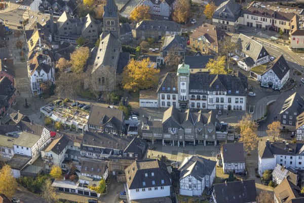 Aerial view, old town with town hall and protestant collegiate church in Herdecke, Ruhr area, North Rhine-Westphalia, Germany, old town, place of worship, authority, Blue Jay Restaurant roof terrace, DE, Europe, gastronomy, religious community, place of worship, holy place, Herdecke, church, church community, denomination, aerial view, aerial photography, aerial photography, town hall, religion, religious site, overview, bird's-eye view, historic city centre, overview