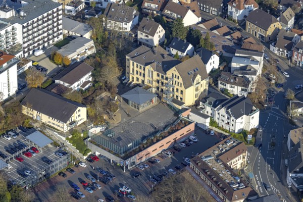 Aerial view, play area at an Aldi supermarket in Stiftsstraße in Herdecke, Ruhr area, North Rhine-Westphalia, Germany, Aldi supermarket, DE, shopping markets, shopping centre, Europe, Herdecke, aerial view, aerial photography, aerial photography, local supply centre, playground, supermarket, overview, bird's-eye view, overview