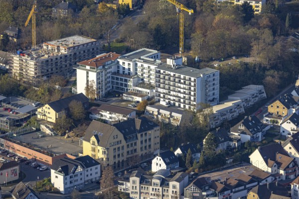 Aerial view, construction site old people's home GVS Herdecke in Herdecke, Ruhr area, North Rhine-Westphalia, Germany, old people's home, old people's residence, old people's home, construction work, construction area, building site, building plots, construction crane, construction measure, construction project, construction site, care and nursing, DE, Europe, non-profit association for social facilities, Herdecke, aerial view, aerial photography, aerial photography, new building, care facility, retirement home, retirement residence, retirement home, retirement centre, overview, bird's eye view, bird's eye view, overview