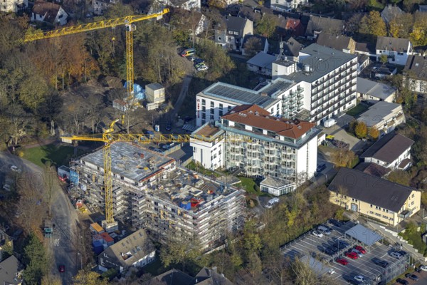 Aerial view, construction site retirement home GVS Herdecke in Herdecke, Ruhr area, North Rhine-Westphalia, Germany, retirement home, retirement home, construction work, construction area, building site, building plots, construction crane, construction project, construction site, care and nursing, DE, Europe, Non-profit association for social facilities, Goethestrasse, Herdecke, aerial photography, aerial photography, aerial photography, new building, care facility, retirement home, retirement residence, retirement home, retirement centre, overview, bird's eye view, birds-eyes view, overview