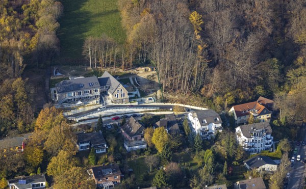 Aerial view, construction site and new building for a Waldorf kindergarten on Bergweg in the Westende district of Herdecke, Ruhr area, North Rhine-Westphalia, Germany, DE, Europe, Herdecke, kindergarten, day nursery, day care centre, day nursery, aerial photography, aerial photography, overview, bird's-eye view, overview