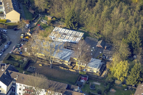 Aerial view, construction site with extension kindergarten Zum Kuckuck in the district Westende in Herdecke, Ruhr area, North Rhine-Westphalia, Germany, construction work, construction area, building site, building plots, construction project, construction site, DE, Europe, Herdecke, kindergarten, day-care centre, day-care centre, aerial view, aerial photography, aerial photography, new building, overview, bird's eye view, Zum Kuckuck, birds-eyes view, overview
