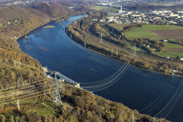 Aerial view, power pole and power line at the Köpchenwerk over the Hengsteysee in Herdecke, Ruhr area, North Rhine-Westphalia, Germany, DE, energy supplier, energy industry, Europe, Herdecke, aerial view, aerial photography, aerial photography, electricity, overview, bird's-eye view, overview