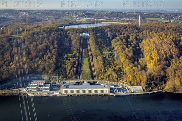 Aerial view, Köpchenwerk RWE pumped storage power plant and storage reservoir in Herdecke, Ruhr area, North Rhine-Westphalia, Germany, DE, Europe, Herdecke, aerial view, aerial photography, aerial photography, overview, bird's-eye view, overview