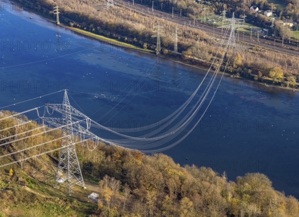 Aerial view, power pole and power line at the Köpchenwerk over the Hengsteysee in Herdecke, Ruhr area, North Rhine-Westphalia, Germany, DE, energy supplier, energy industry, Europe, Herdecke, aerial view, aerial photography, aerial photography, electricity, overview, bird's-eye view, overview