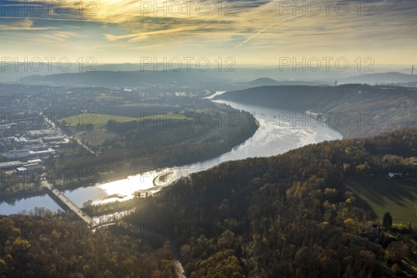 Aerial view, Hengsteysee in backlight with the Köpchenwerk RWE pumped storage power plant between Hagen and Herdecke, Ruhr area, North Rhine-Westphalia, Germany, DE, Europe, Hagen, aerial view, aerial photography, aerial photography, overview, bird's-eye view, overview